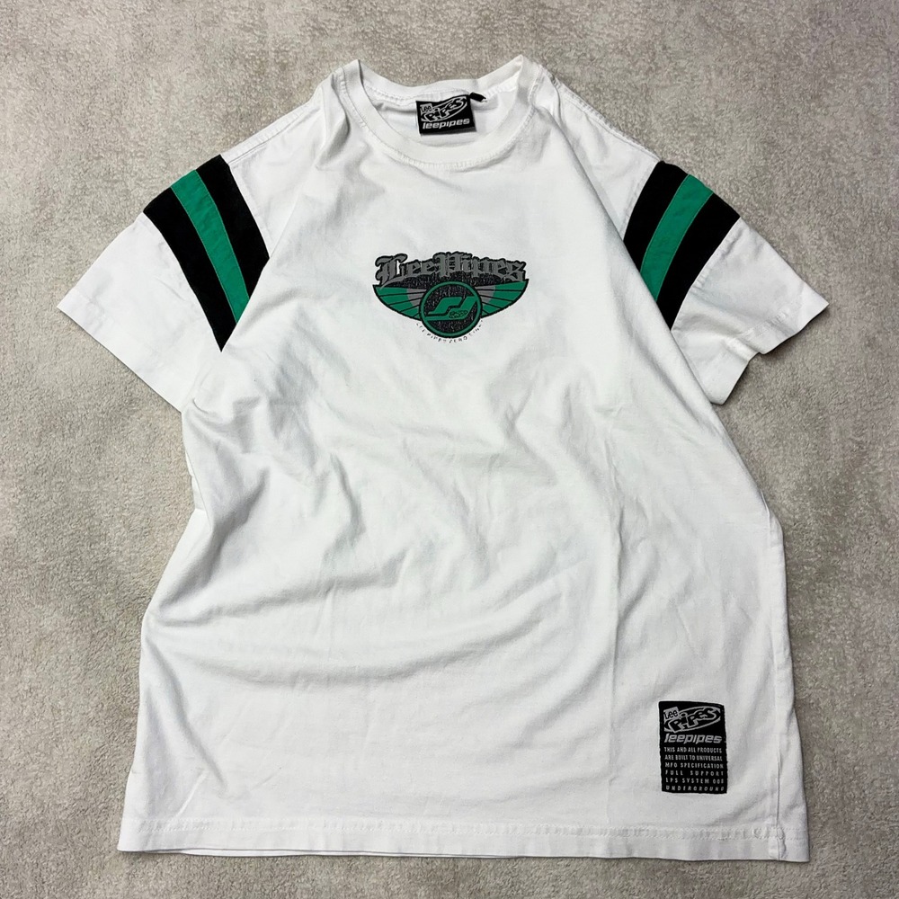 Vintage 90s 00s Lee Pipes Graphic T-Shirt White Green Striped Skater Mens M